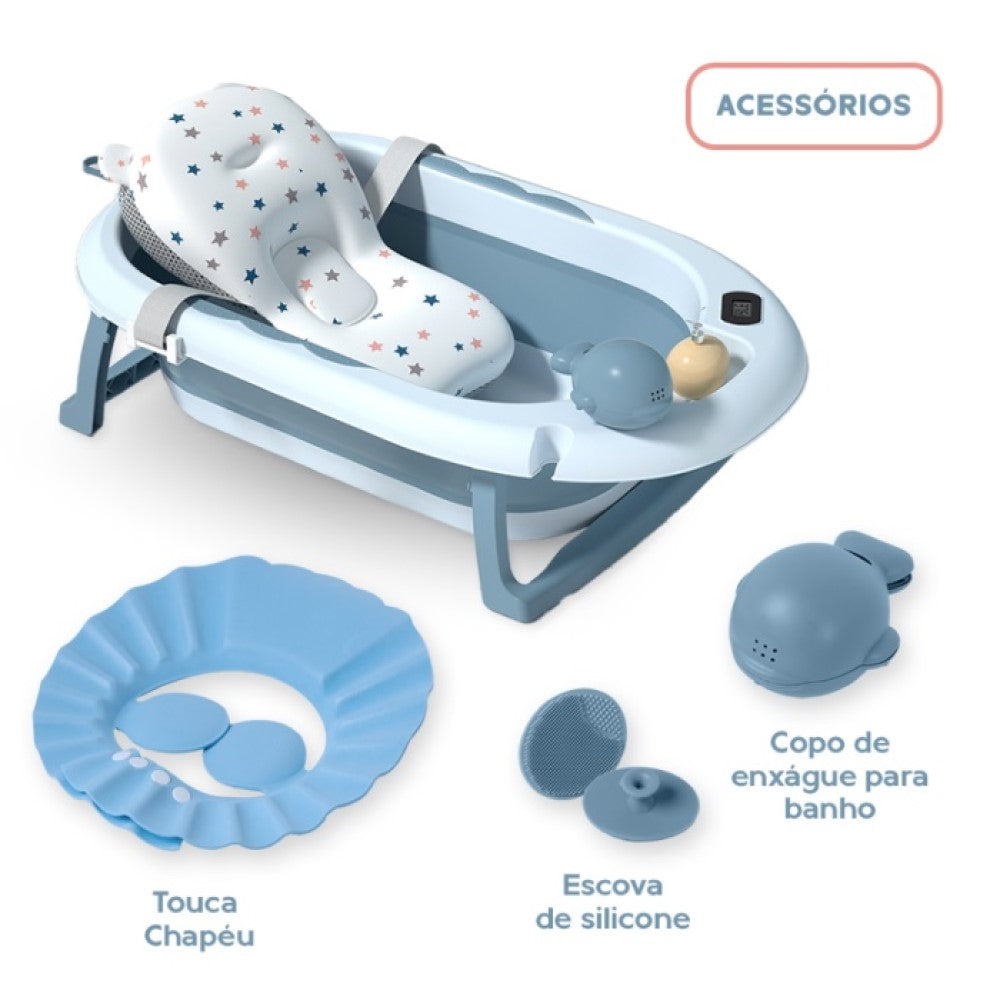 Banheira Dobrável Plus Com Termômetro E Almofada Azul Yuupi