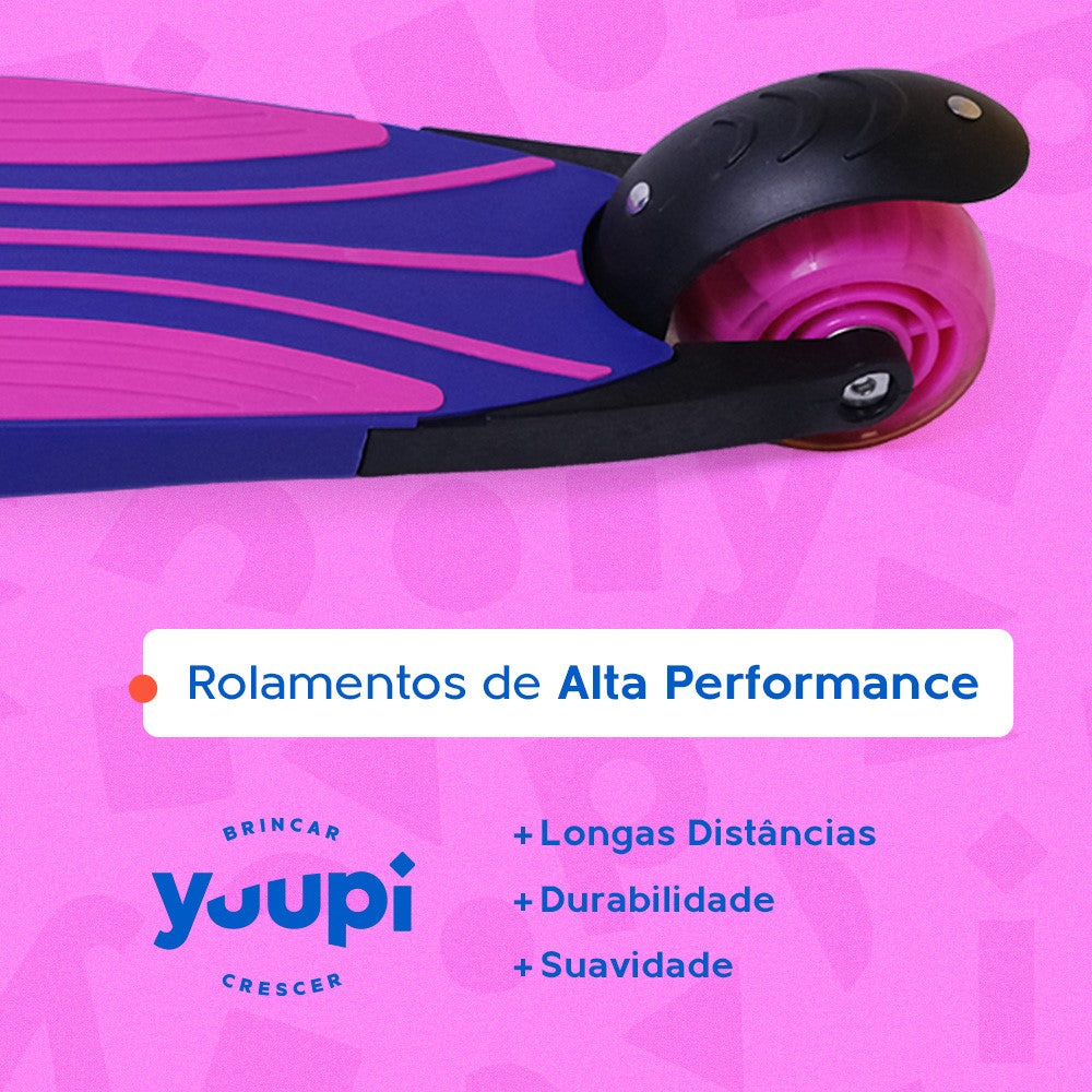 Patinete Infantil Lilás Pro com LED e Guidão Ajustável Yuupi