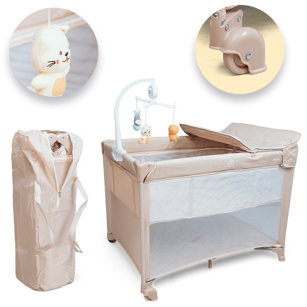 Berço e Cercadinho Portátil com Trocador e Bolsa para Transporte Bege Yuupi
