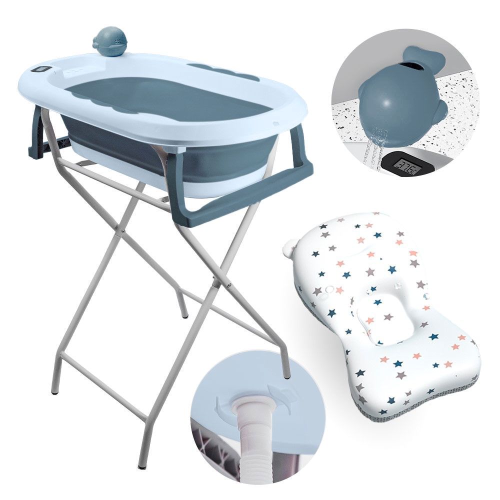 Banheira Dobrável Com Suporte, Termômetro E Almofada Azul Yuupi