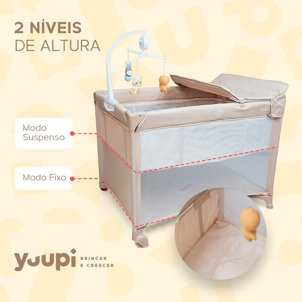 Berço e Cercadinho Portátil com Trocador e Bolsa para Transporte Bege Yuupi