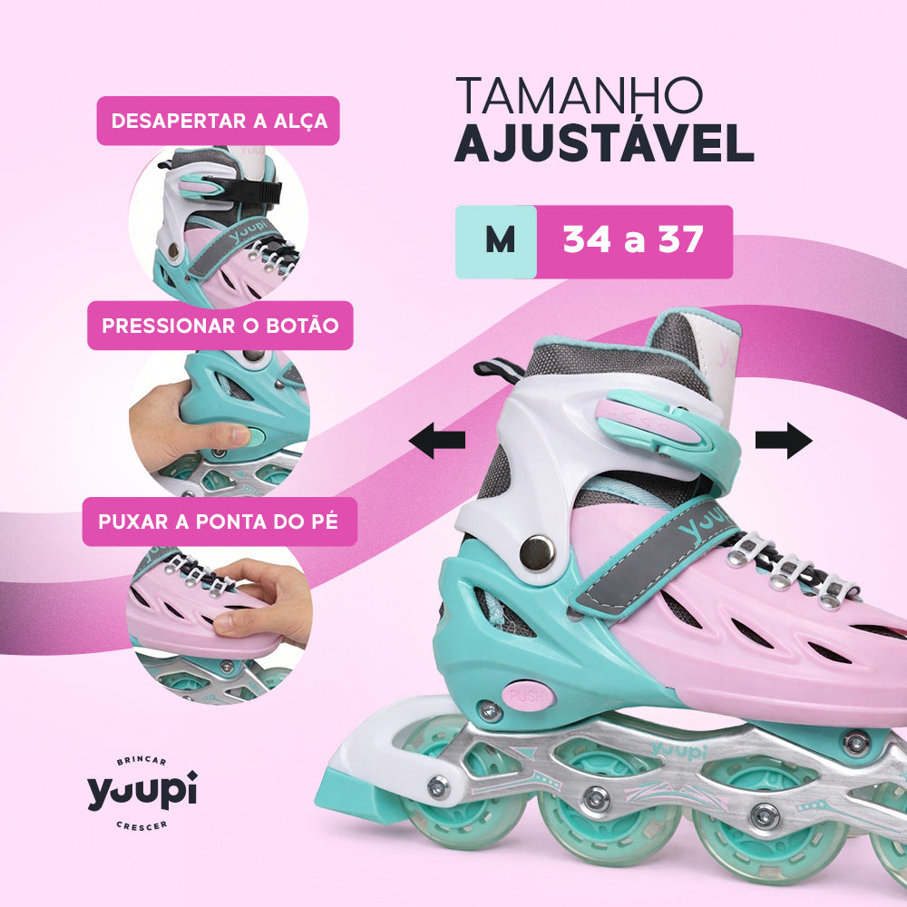 Patins Roller Inline Ajustável Rosa M 34-37 Yuupi