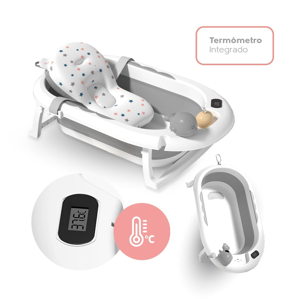 Banheira Dobrável Com Termômetro E Almofada Cinza Yuupi