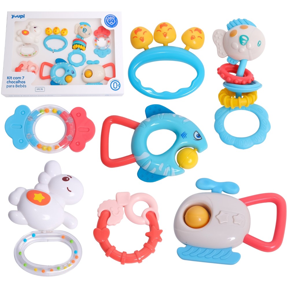 Kit Com 7 Chocalhos e Mordedores para Bebês Yuupi