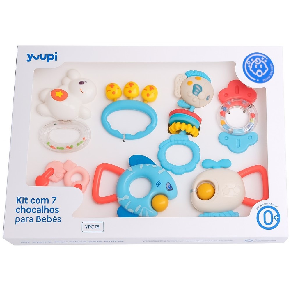 Kit Com 7 Chocalhos e Mordedores para Bebês Yuupi