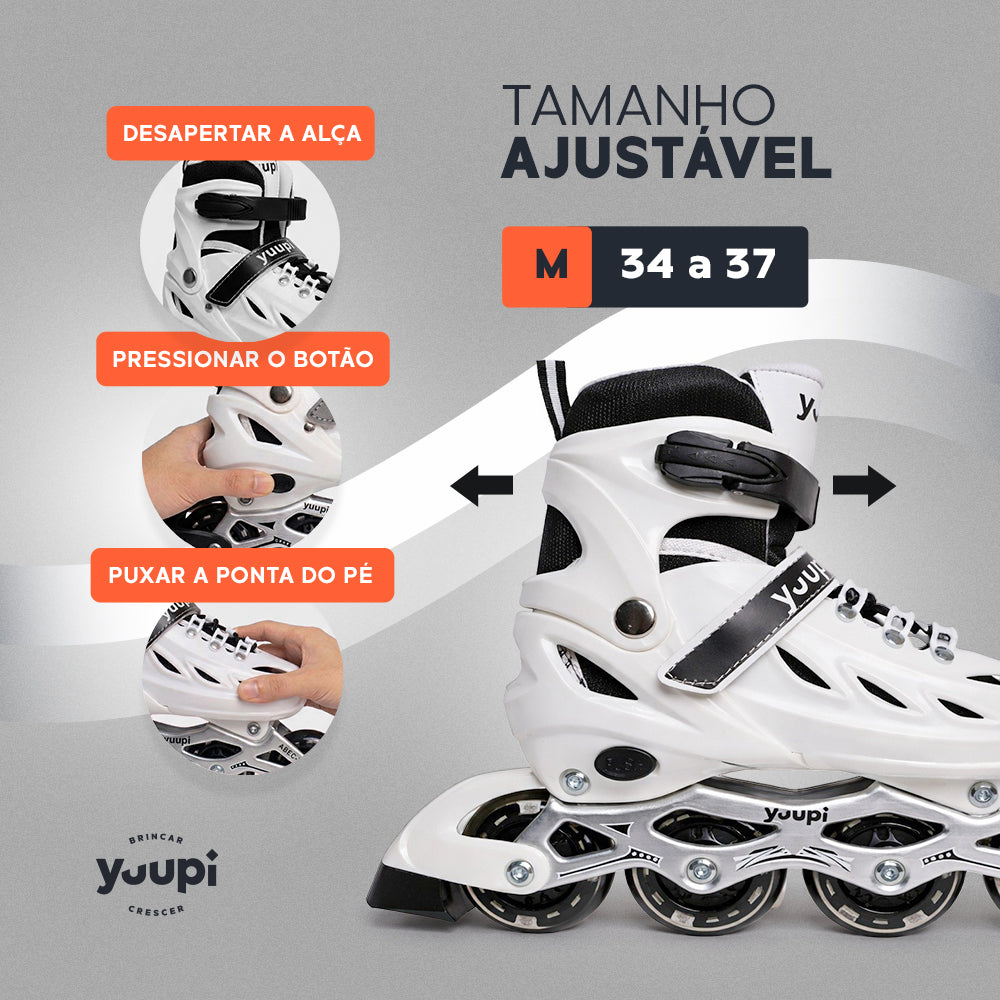 Patins Roller Inline Ajustável Branco M 34-37 Yuupi