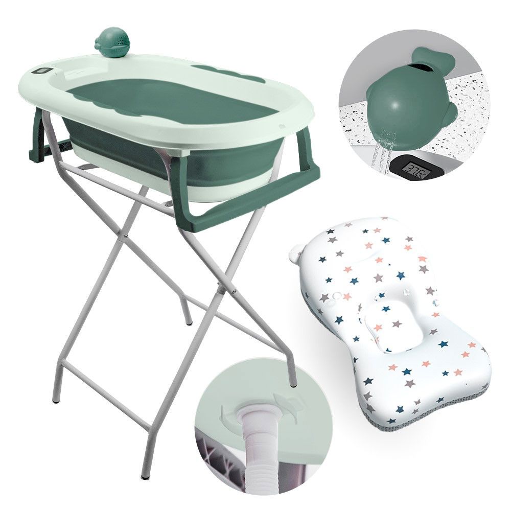 Banheira Dobrável Com Suporte, Termômetro E Almofada Verde Yuupi