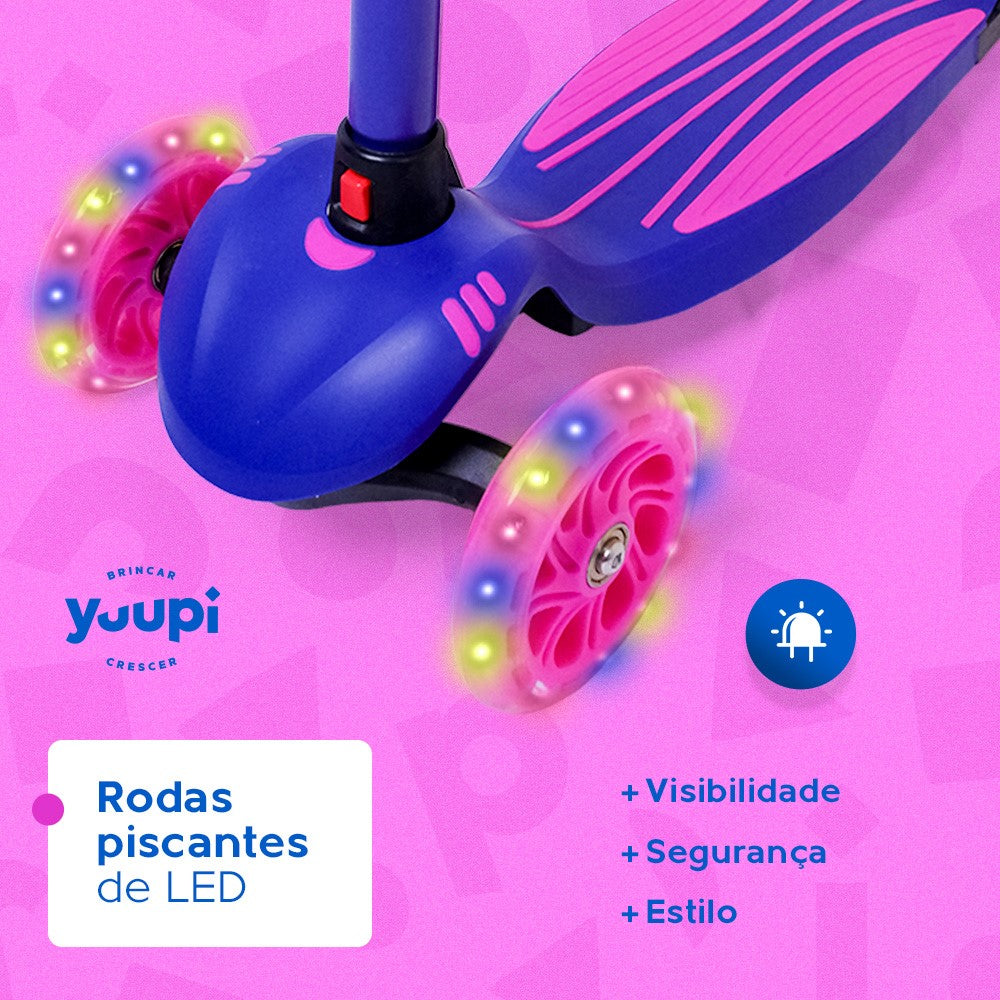 Patinete Infantil Lilás Pro com LED e Guidão Ajustável Yuupi