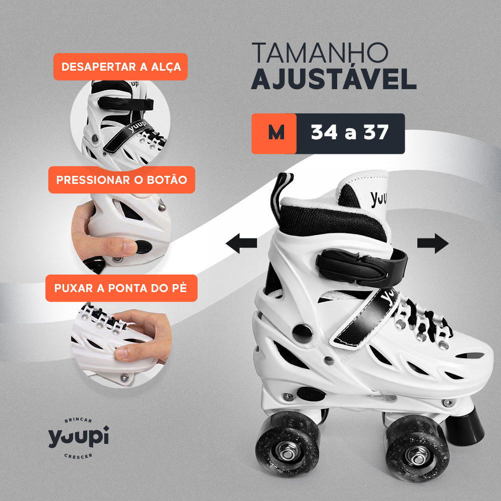 Patins Clássicos Quad Ajustável Branco M 34-37 Yuupi
