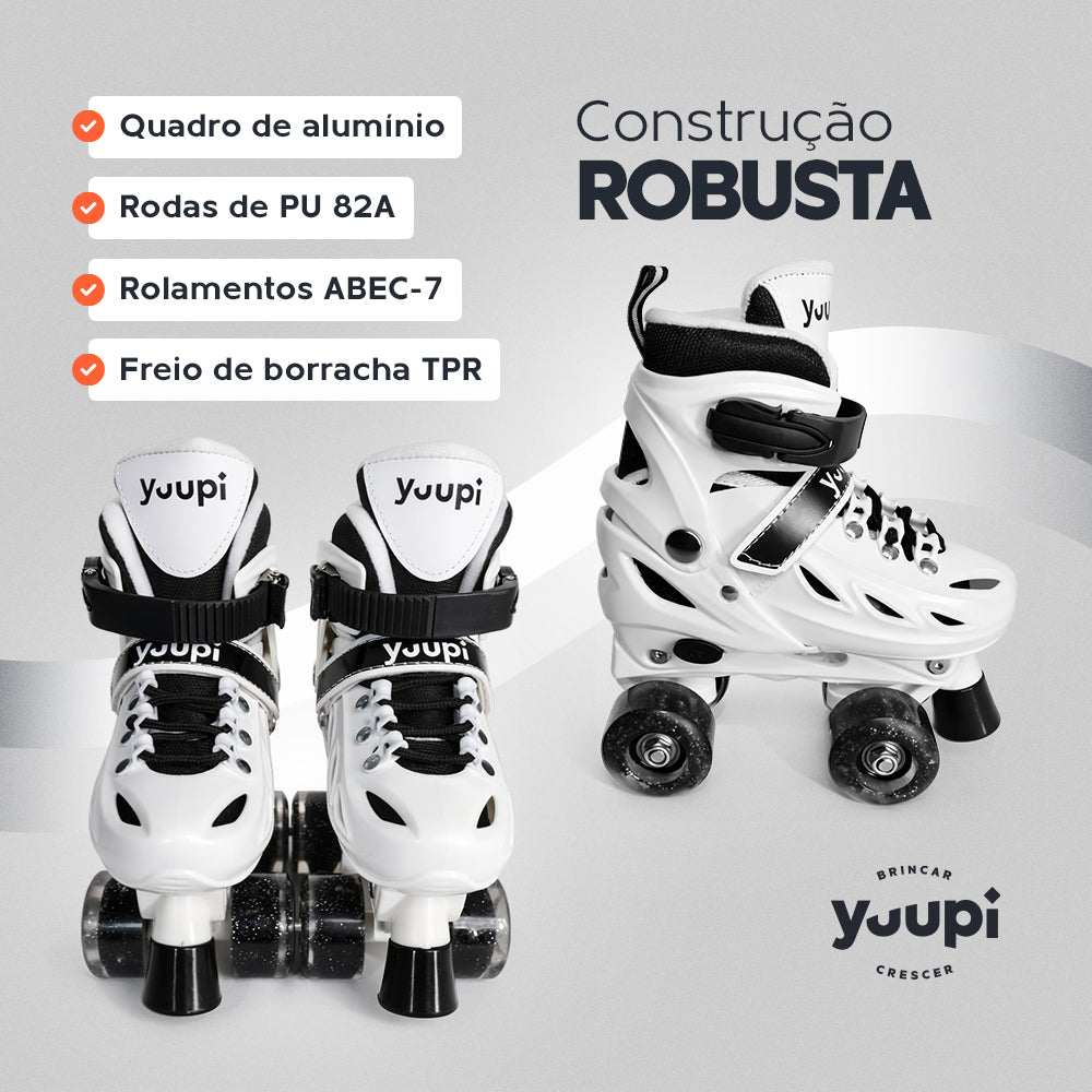Patins Clássicos Quad Ajustável Branco M 34-37 Yuupi