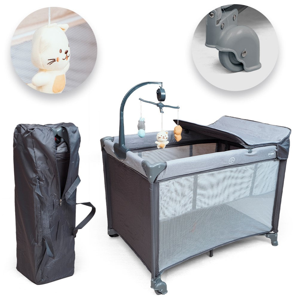 Berço e Cercadinho Portátil com Trocador e Bolsa para Transporte Grafite Yuupi