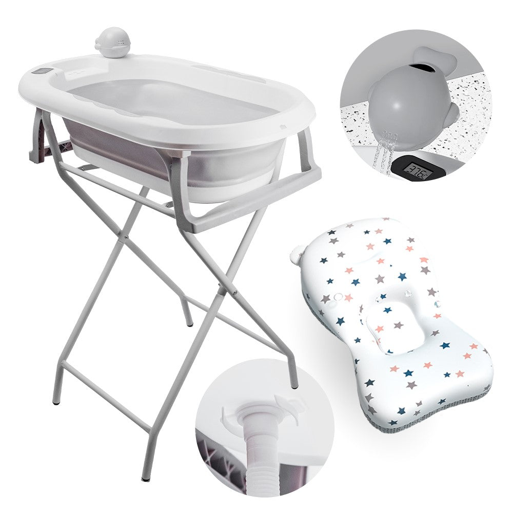 Banheira Dobrável Com Suporte, Termômetro E Almofada Cinza Yuupi