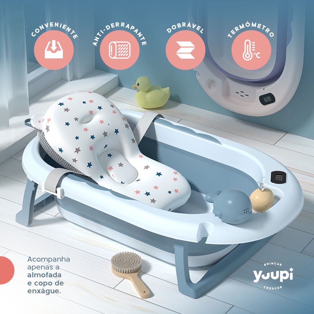 Banheira Dobrável Plus Com Termômetro E Almofada Azul Yuupi