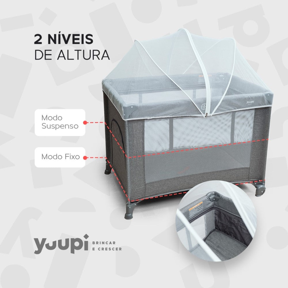 Berço e Cercadinho Portátil Com Bolsa para Transporte Grafite Yuupi