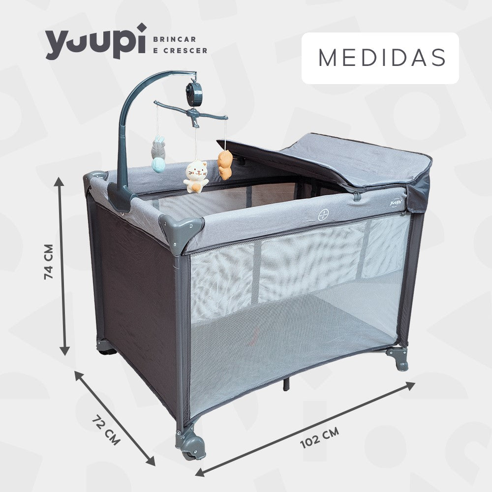 Berço e Cercadinho Portátil com Trocador e Bolsa para Transporte Grafite Yuupi