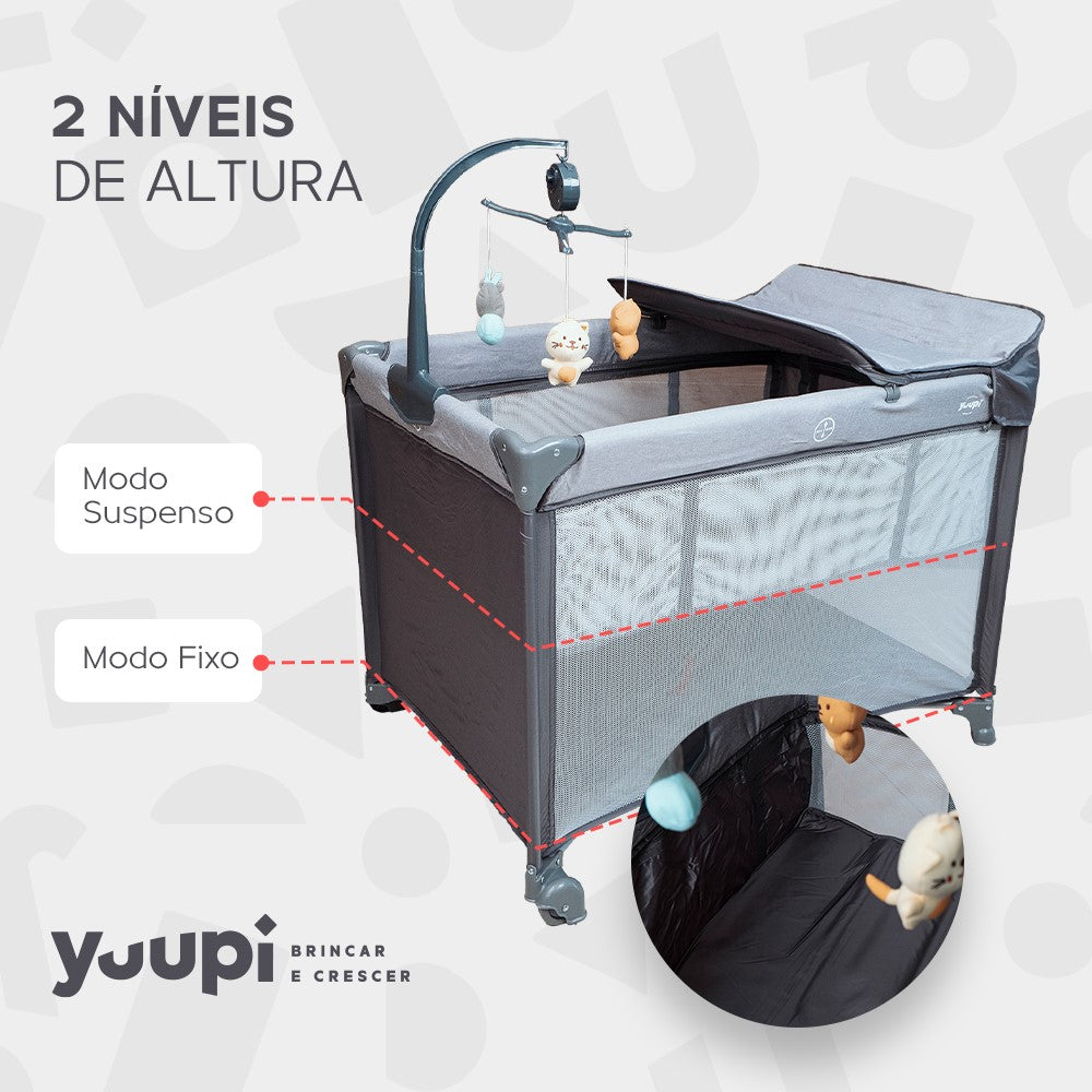 Berço e Cercadinho Portátil com Trocador e Bolsa para Transporte Grafite Yuupi