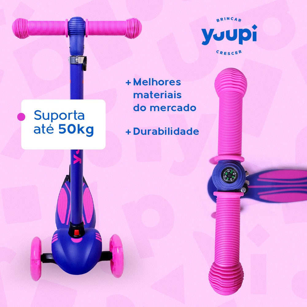 Patinete Infantil Lilás Pro com LED e Guidão Ajustável Yuupi