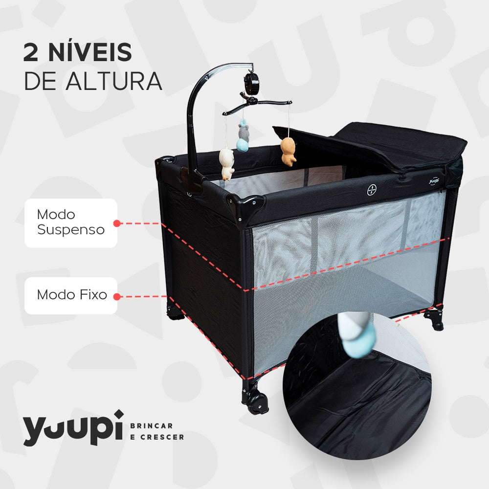 Berço e Cercadinho Portátil com Trocador e Bolsa para Transporte Preto Yuupi