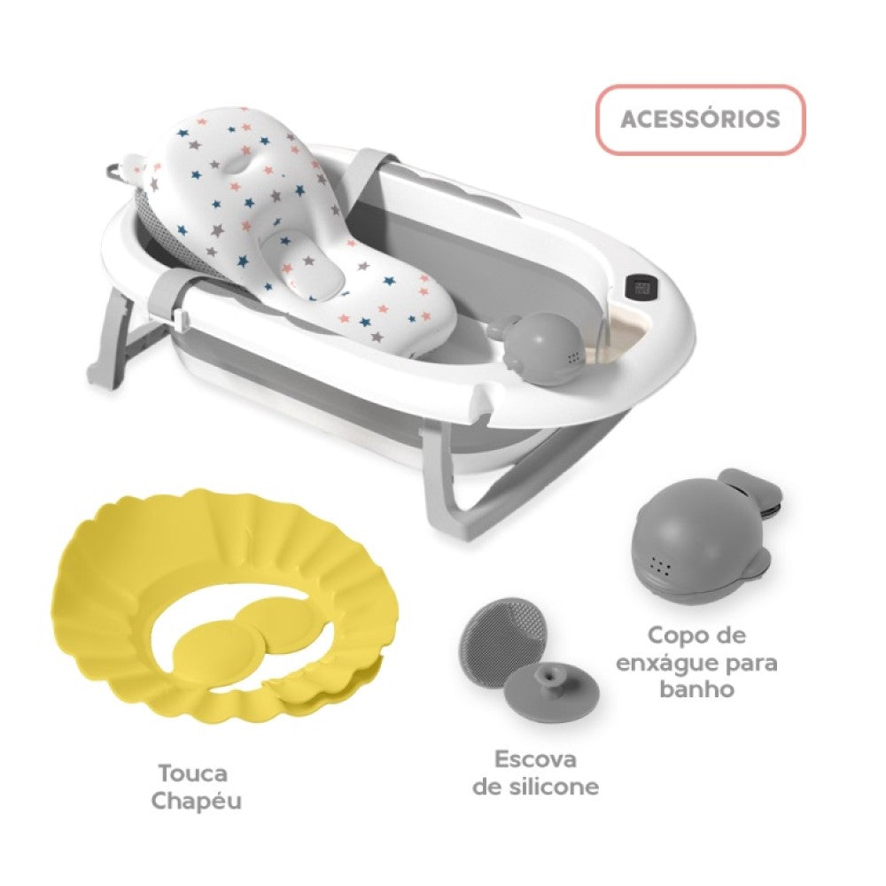 Banheira Dobrável Plus Com Termômetro E Almofada Cinza Yuupi