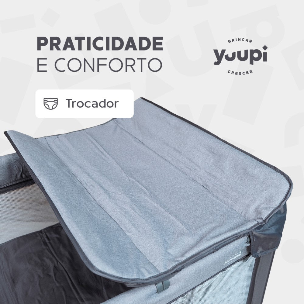 Berço e Cercadinho Portátil com Trocador e Bolsa para Transporte Grafite Yuupi