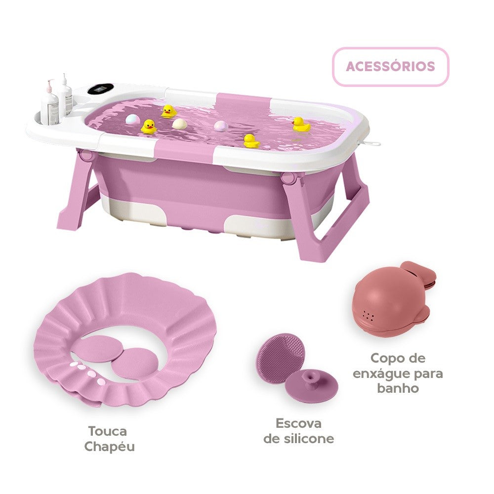 Banheira Dobrável Compacta Com Termômetro Rosa Yuupi