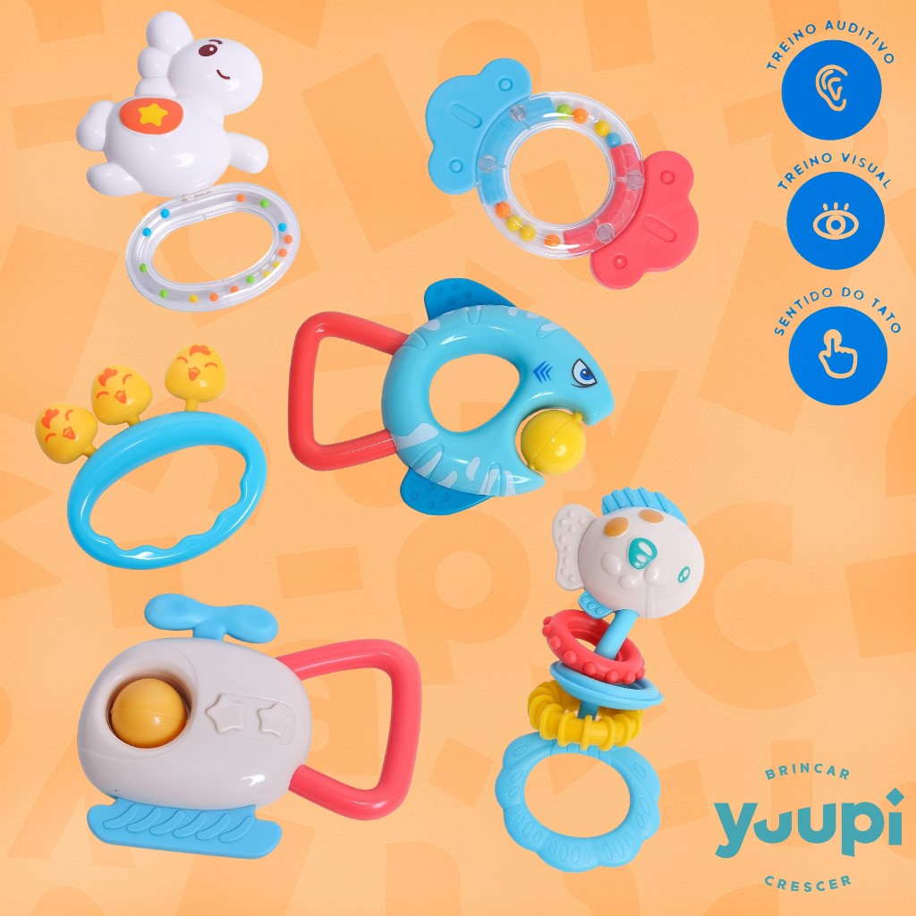Kit Com 7 Chocalhos e Mordedores para Bebês Yuupi